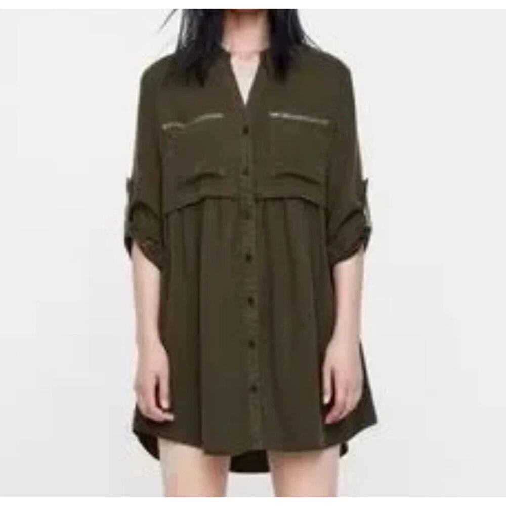 Zara Denim M Green Whimsigoth Shirt Dress Grunge Relaxed Long Sleeve Streetwear